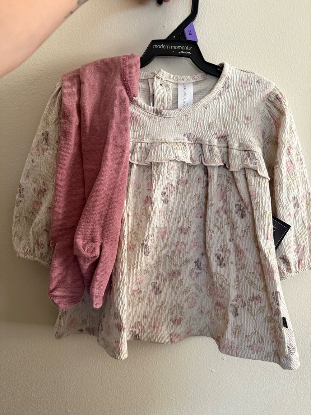 Modern Moments Cream Floral Ruffle Top with Pink Tights